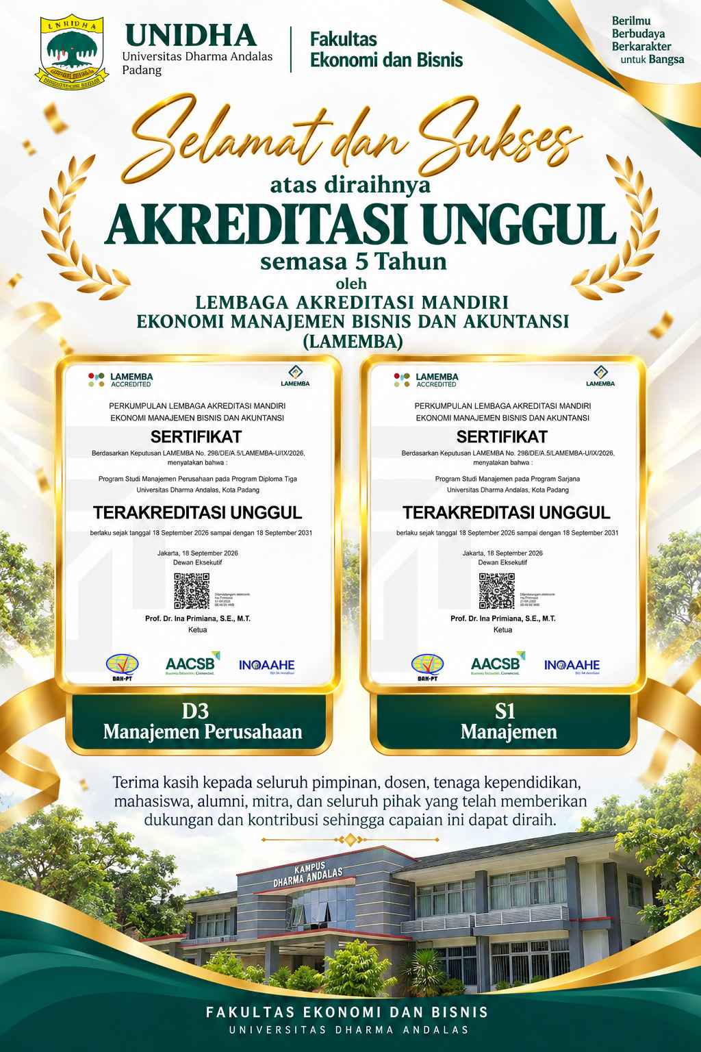 S1 Manajemen dan D3 Manajemen Perusahaan FEB UNIDHA Raih Predikat Unggul untuk Lima Tahun